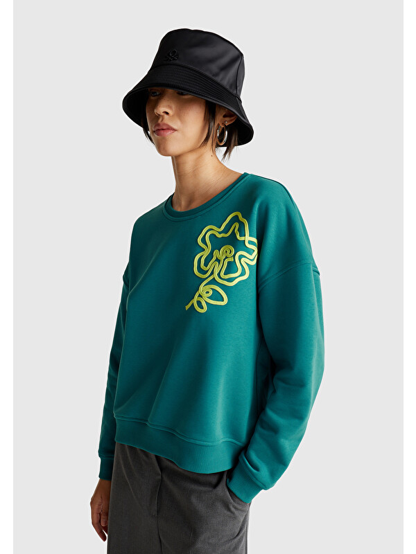 United Colors Of Benetton Kadın Koyu Yeşil Pamuk Karışımlı Çiçek Motifli Sweatshirt