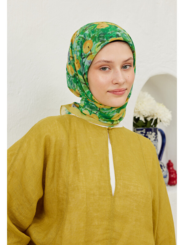 Fresh Scarfs Peach Garden Desen Pamuk Vual Eşarp Pastel Sarı