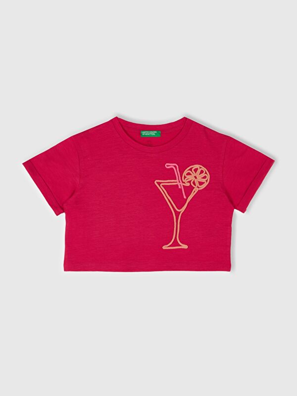 United Colors Of Benetton Kız Çocuk Fuşya Nakışlı Bisiklet Yaka Crop T-Shirt