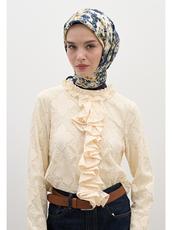 Fresh Scarfs Cherry Blossom Desen Pamuk Viskon Eşarp Lacivert