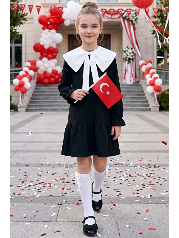 Parla Kids Kız Çocuk Rashel Siyah Elbise Beyaz Yakalı Fırfırlı Uzun Kol 23 Nisan 29 Ekim Gösteri Elbisesi