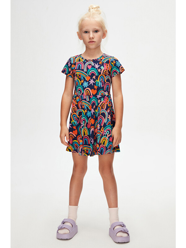 Lovetti Kız Çocuk Brave & Happy Desen Kısa Kol Kloşe Etek Elbise