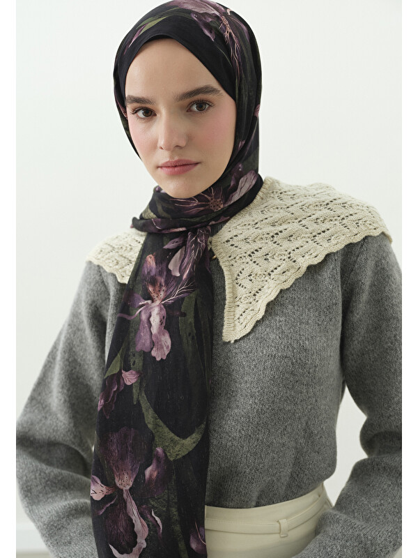 Fresh Scarfs Zelinda Desenli Pamuk Viskon Şal Mürdüm