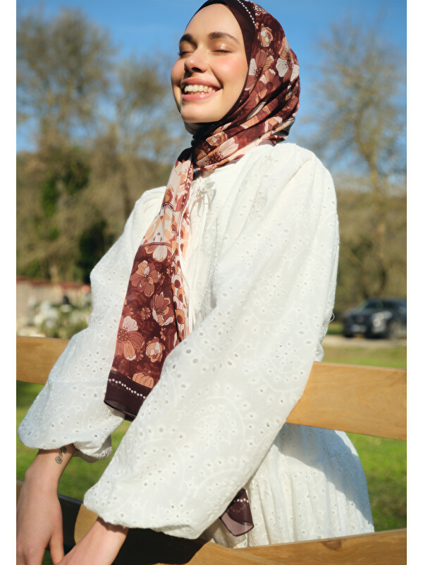 Fresh Scarfs Wıld Botanıcal Desen İpek Krep Şal Sıcak Kahve
