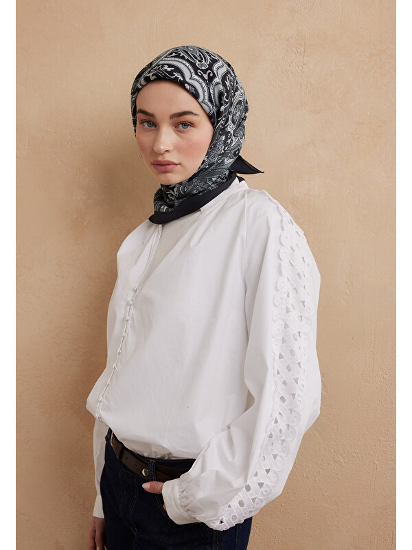 Fresh Scarfs Etnıc Floral Desen Pamuk İpek Eşarp Antik Mavi