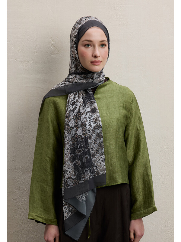 Fresh Scarfs Ethnıc Fıgure Desen İpek Krep Şal Vizon