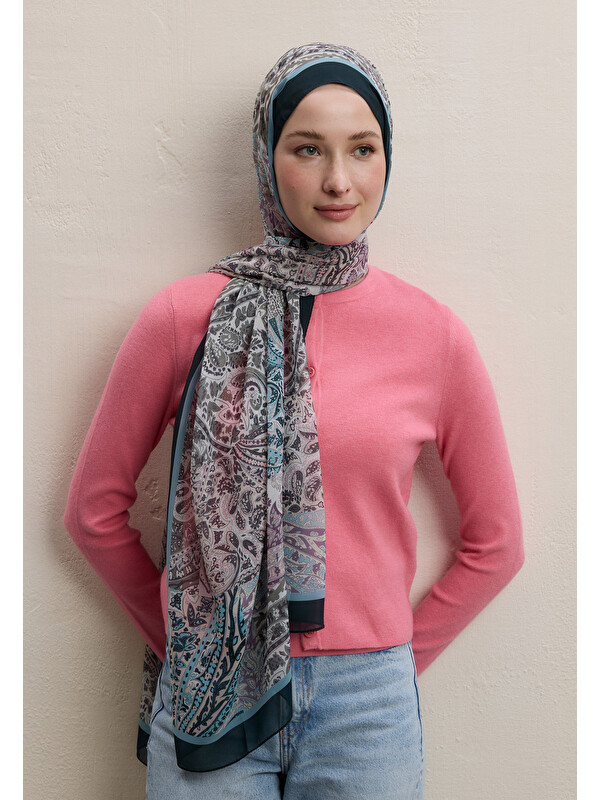 Fresh Scarfs Paısley Patch Desen İpek Krep Şal Petrol