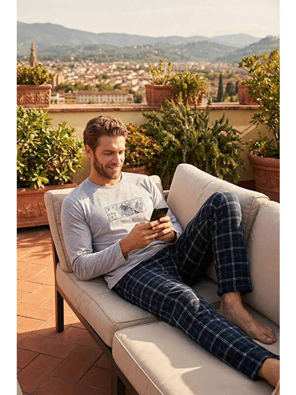 Buratti Ekoseli Pamuklu Regular Fit Yükske Bel Bisiklet Yaka %100 Pamuk Pijama Takımı 6574000
