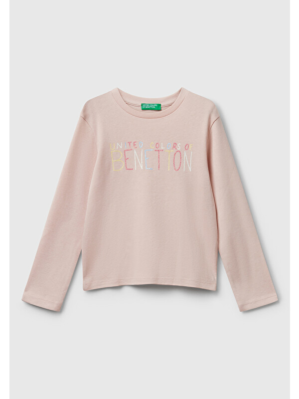 United Colors Of Benetton Kız Çocuk Toz Pembe Önü Parıltılı Logo Baskılı Slim Fit Uzun Kollu T-shirt