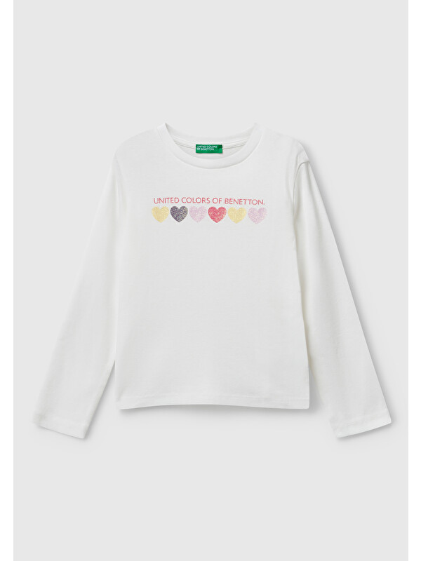 United Colors Of Benetton Kız Çocuk Ekru Önü Parıltılı Logo Baskılı Slim Fit Uzun Kollu T-shirt