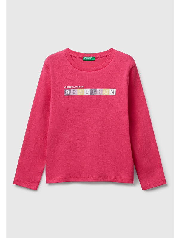 United Colors Of Benetton Kız Çocuk Pembe Önü Parıltılı Logo Baskılı Slim Fit Uzun Kollu T-shirt