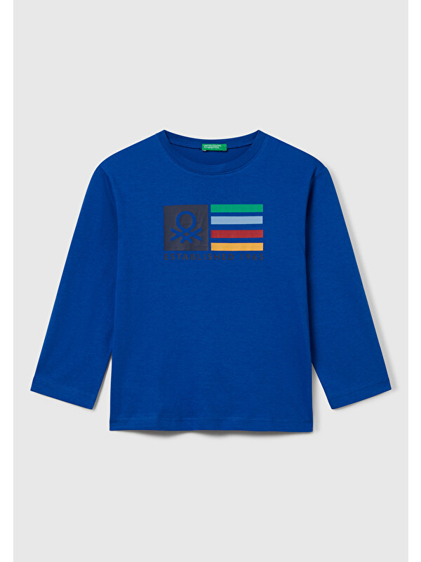 United Colors Of Benetton Erkek Çocuk Saks Mavisi Çok Renkli Logo Baskılı Bisiklet Yaka Uzun Kollu T-Shirt