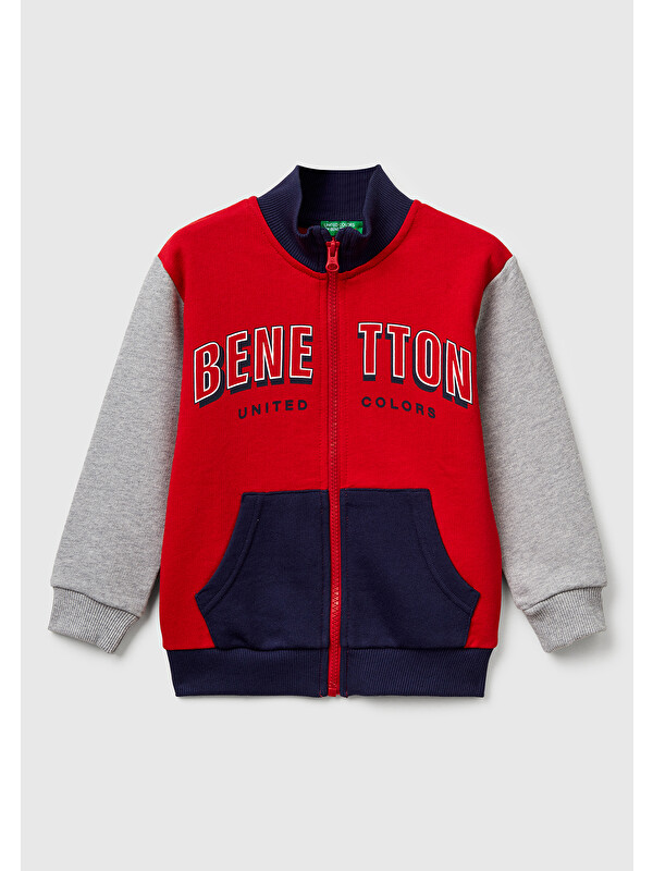 United Colors Of Benetton Erkek Çocuk Kırmızı-Gri Logo Detaylı Önü Fermuarlı Ribana Detaylı Sweatshirt