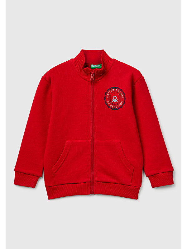 United Colors Of Benetton Erkek Çocuk Kırmızı Logo Detaylı Önü Fermuarlı Ribana Detaylı Sweatshirt