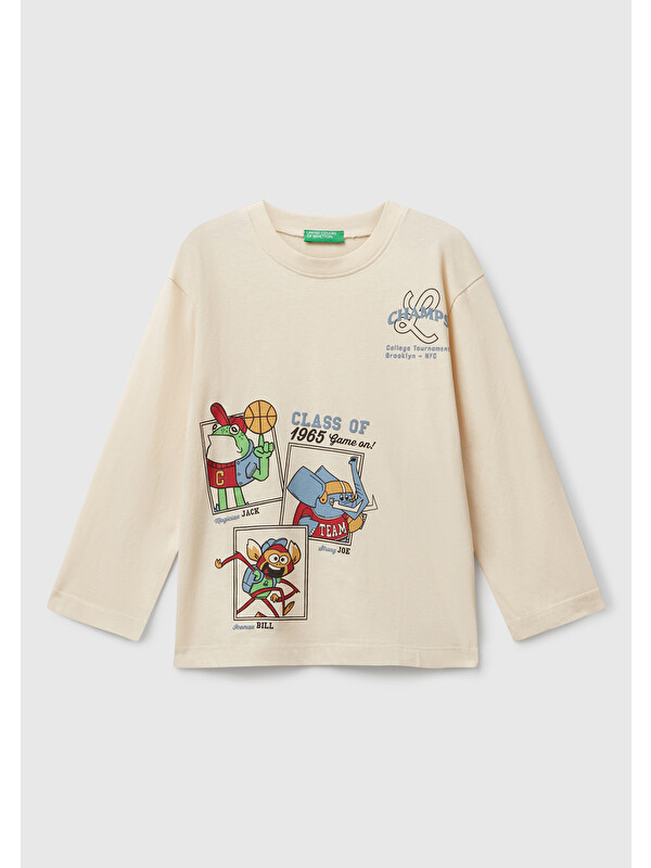 United Colors Of Benetton Erkek Çocuk Krem Baskılı Bisiklet Yaka Uzun Kollu T-shirt
