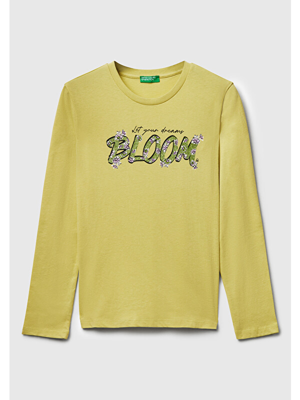 United Colors Of Benetton Kız Çocuk Hardal Önü Simli Baskılı Ribana Yakalı Uzun Kollu T-shirt
