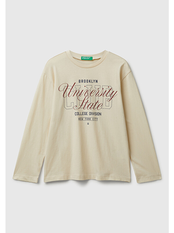 United Colors Of Benetton Erkek Çocuk Krem Önü Baskılı Bisiklet Yaka Uzun Kollu Jarse T-shirt