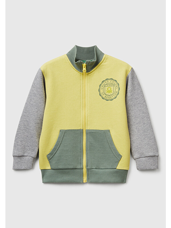 United Colors Of Benetton Erkek Çocuk Sarı-Gri Logo Detaylı Önü Fermuarlı Ribana Detaylı Sweatshirt