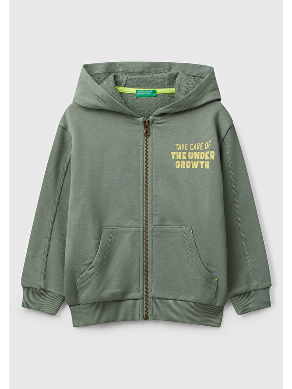 United Colors Of Benetton Erkek Çocuk Haki Baskılı Fermuarlı Kapüşonlu Relaxed Fit Sweatshirt
