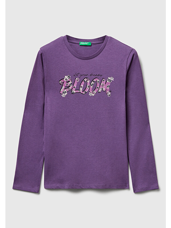 United Colors Of Benetton Kız Çocuk Mor Önü Simli Baskılı Ribana Yakalı Uzun Kollu T-shirt