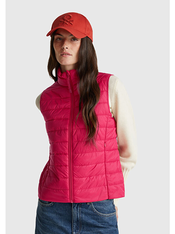 United Colors Of Benetton Kadın Fuşya Polyester Dolgulu Fermuarlı Slim Fit Pufa Yelek