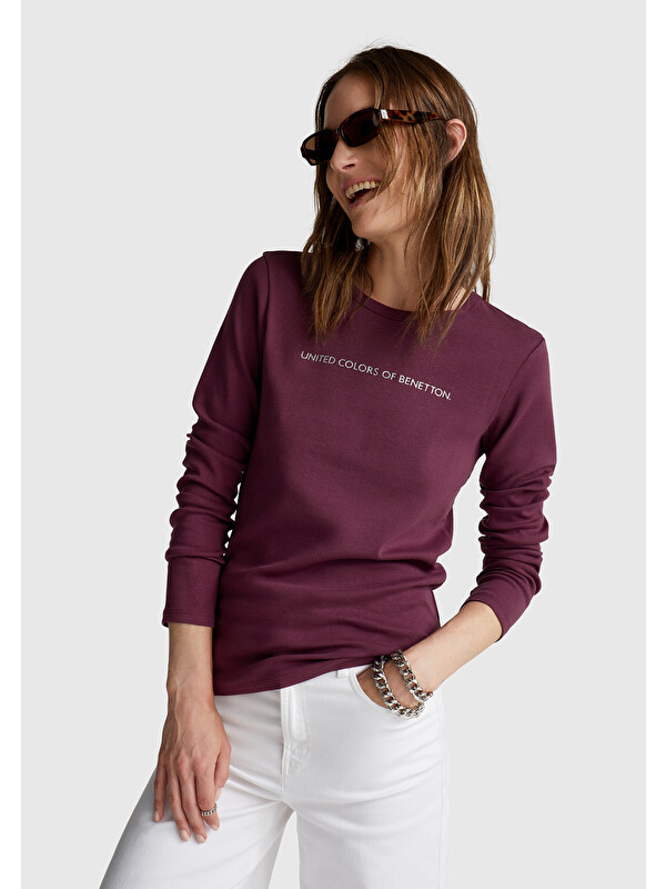 United Colors Of Benetton Kadın Mürdüm %100 Pamuk Bisiklet Yaka Benetton Yazılı Uzun Kollu T-Shirt