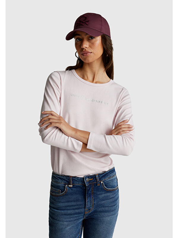 United Colors Of Benetton Kadın Açık Pembe %100 Pamuk Bisiklet Yaka Benetton Yazılı Uzun Kollu T-Shirt