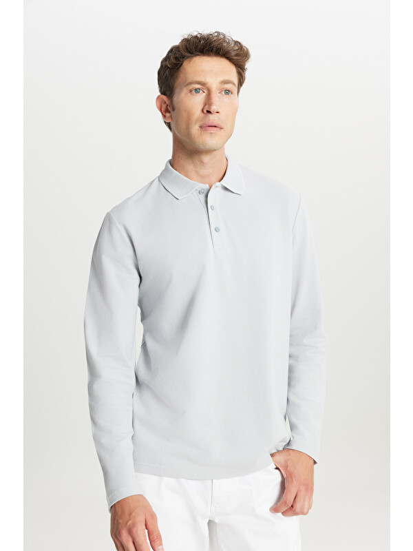 AC&Co / Altınyıldız Classics Erkek Gri %100 Pamuk Standart Fit Normal Kesim Polo Yaka Sweatshirt