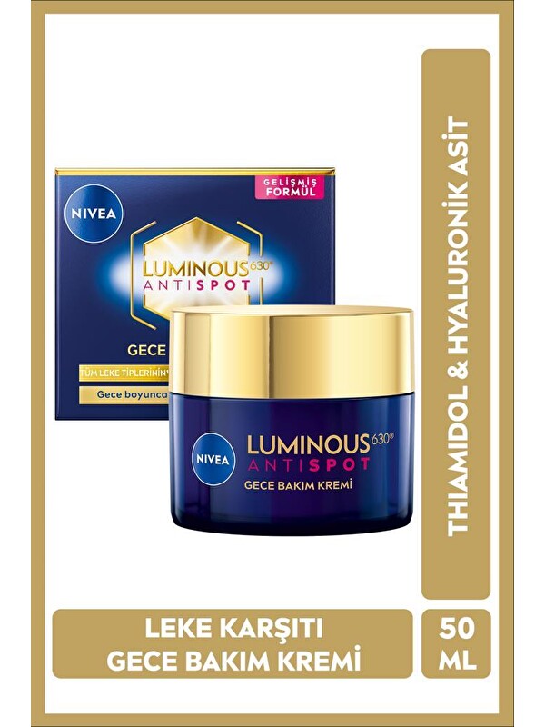 NIVEA Luminous630 Thiamidol Etkili Leke Karşıtı Gece Yüz Bakım Kremi 50ml, Hyaluronik Asit, Nemlendirici