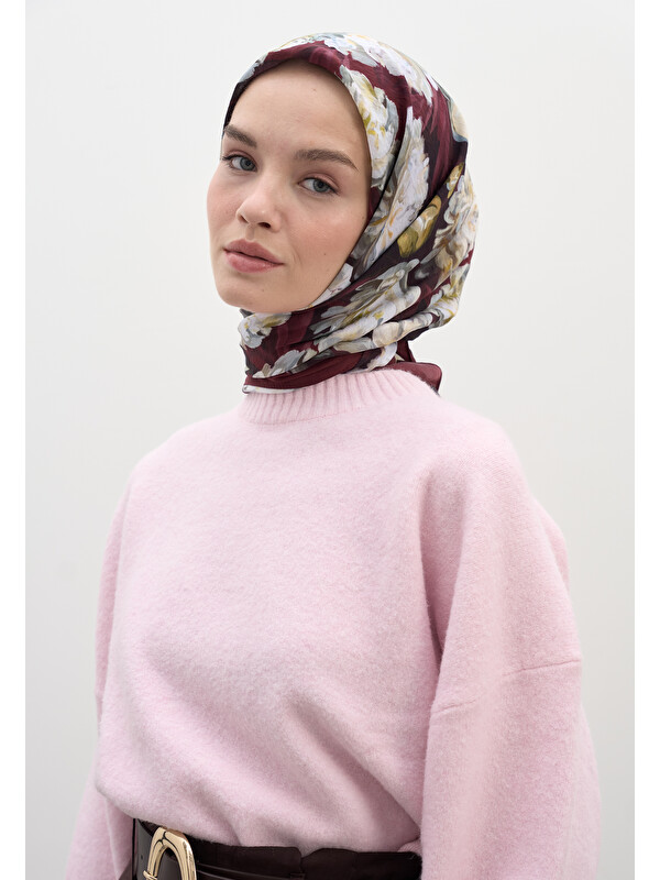 Fresh Scarfs Lotus Desen Pamuklu Viskon Eşarp Bordo