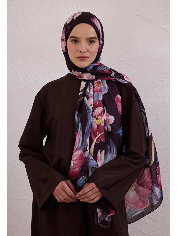Fresh Scarfs Elegant Flower Desen Rami Şal Mürdüm