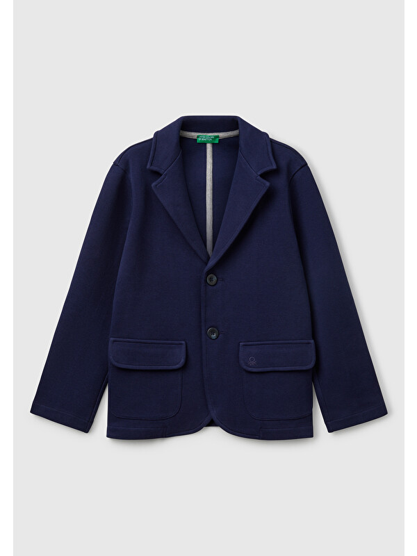 United Colors Of Benetton Erkek Çocuk Lacivert Logo İşlemeli Yama Cepli Blazer Ceket