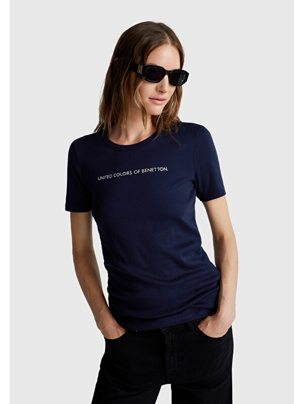 United Colors Of Benetton Kadın Lacivert 100 Pamuk Benetton Yazılı Basic T Shirt