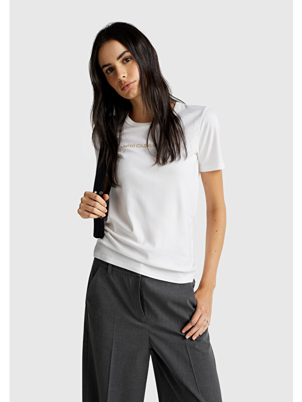 United Colors Of Benetton Kadın Beyaz 100 Pamuk Benetton Yazılı Basic T Shirt
