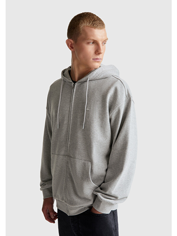 United Colors Of Benetton Gri Melanj  100 Pamuk Dar Kesim Kapüşonlu %100 Pamuk Erkek Fermuarlı Sweatshirt Hırka