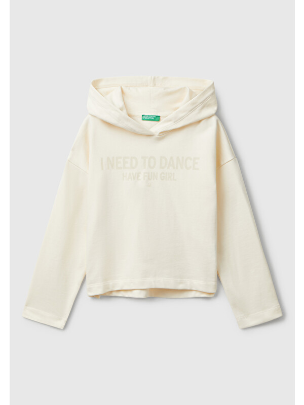 United Colors Of Benetton Kız Çocuk Ekru Önü Yazı Baskılı Arkası Uzun Kapüşonlu Sweatshirt