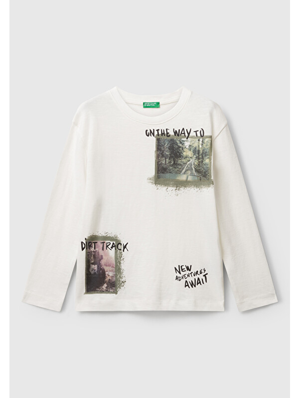 United Colors Of Benetton Erkek Çocuk Ekru Önü ve Arkası Baskılı Bisiklet Yaka Uzun Kollu T-shirt