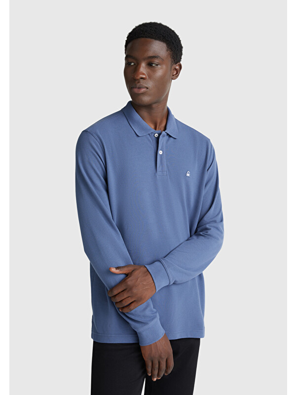 United Colors Of Benetton Erkek Havacı Mavi Uzun Kol Polo Tişört