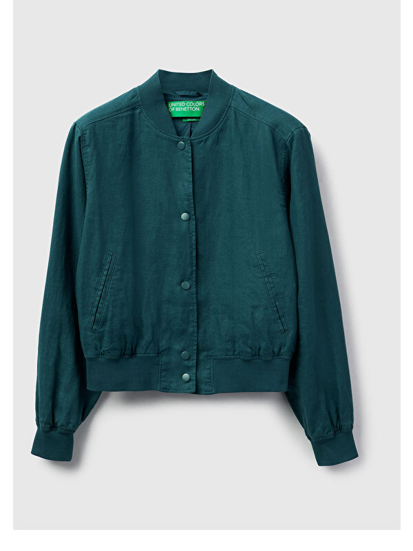 United Colors Of Benetton Kadın Koyu Yeşil %100 Keten Bomber Ceket