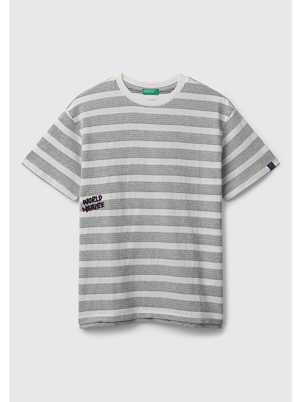 United Colors Of Benetton Erkek Çocuk Gri Çizgili Önü Yazı Detaylı Kolu Logo Etiketli Oversize T-shirt