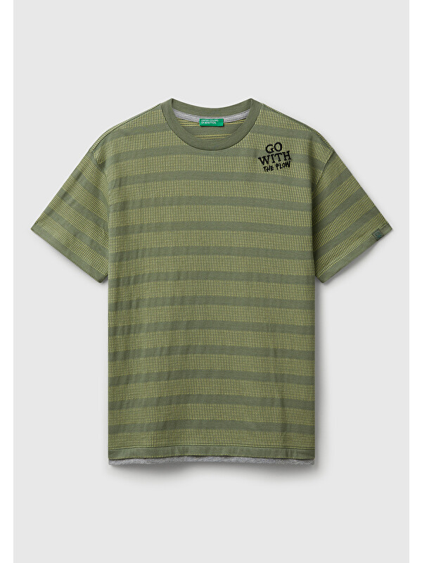United Colors Of Benetton Erkek Çocuk Sarı Çizgili Önü Yazı Detaylı Kolu Logo Etiketli Oversize T-shirt