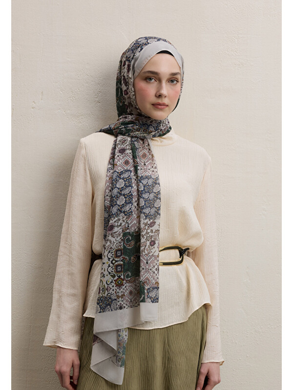 Fresh Scarfs Ethnıc Fıgure Desen İpek Krep Şal Bej
