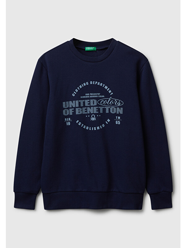 United Colors Of Benetton Erkek Çocuk Lacivert Önü Logo Baskılı Bisiklet Yaka Regular Fit Sweatshirt
