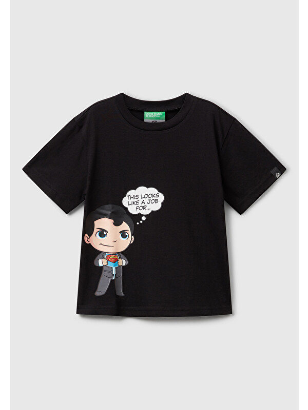 United Colors Of Benetton Erkek Çocuk Siyah Önü ve Arkası Superman Baskılı Logo Etiketli Jarse T-shirt