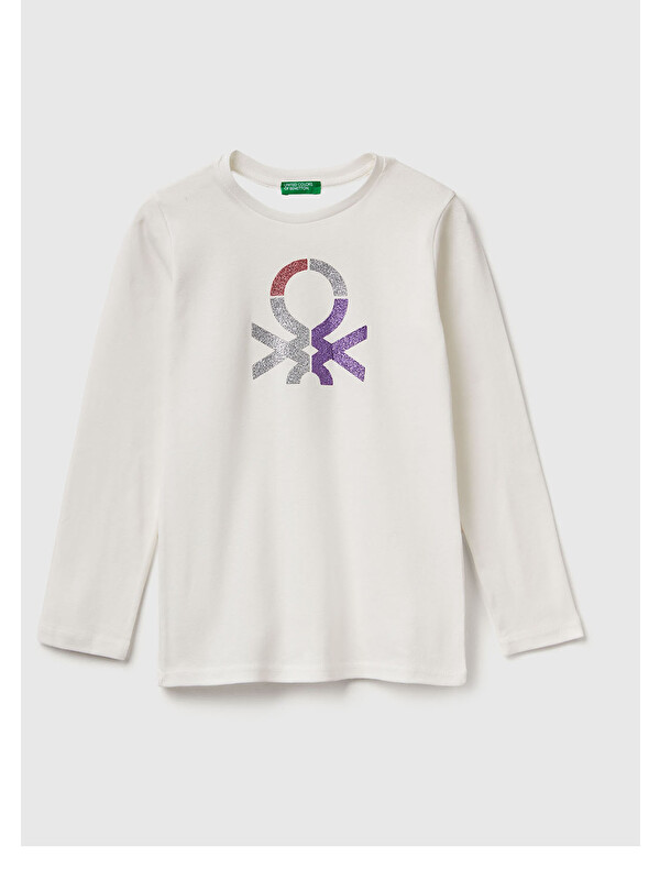 United Colors Of Benetton Kız Çocuk Ekru Önü Parıltılı Logo Baskılı Regular Fit Uzun Kollu T-Shirt