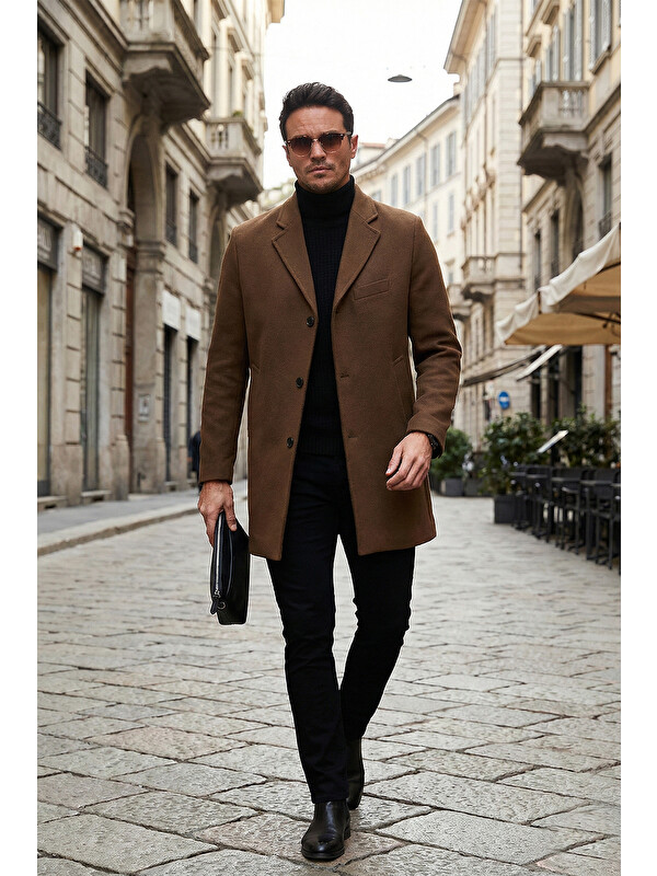 Buratti Slim Fit Tek Yırtmaçlı Düğmeli Mono Yaka Kaşe Erkek Kaban 5840098