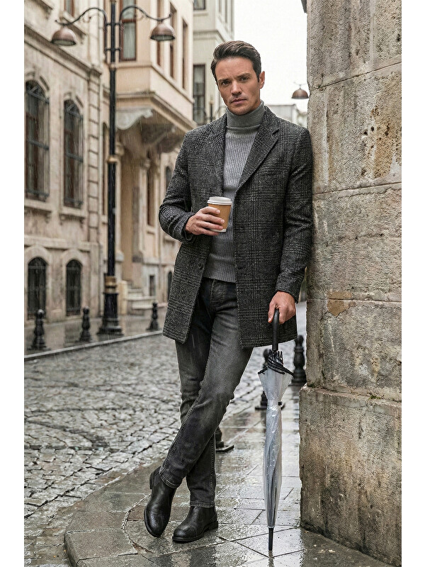 Buratti Slim Fit Tek Yırtmaçlı Düğmeli Mono Yaka Kaşe Kaban 5840098