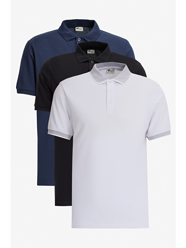 AC&Co / Altınyıldız Classics Erkek SIYAH-BEYAZ-LACIVERT Slim Fit Dar Kesim 3 'lü Kıvrılmaz Polo Yaka Tişört