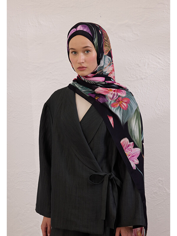 Fresh Scarfs Elegant Flower Desen Rami Şal Siyah