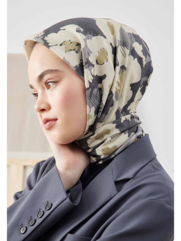 Fresh Scarfs Multı Flower Desen Pamuk İpek Eşarp Gümüş